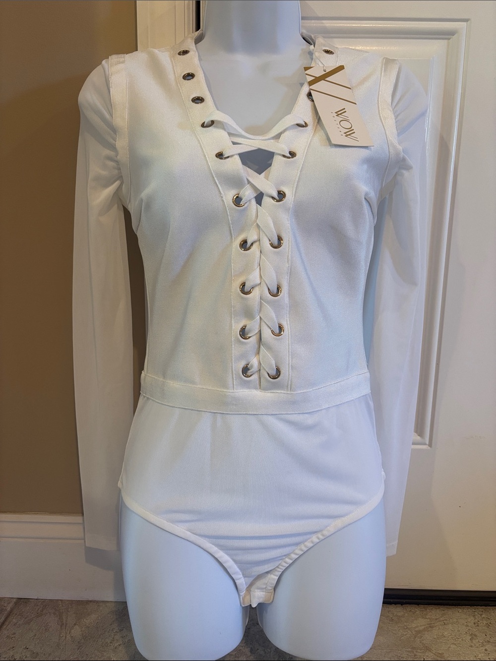WOW couture White Lace-Up Long Sleeve Bodysuit